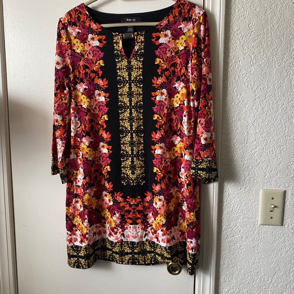 Style & Co Womens Small Floral‎ Baroque Print Keyhole 3/4 Sleeve Shift Black
